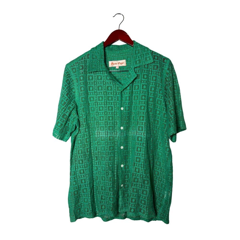 Perte D’ego forest green floral lace button down short sleeve shirt sz L